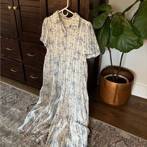 TCEC Light Blue and White Printed Collared Maxi Dress